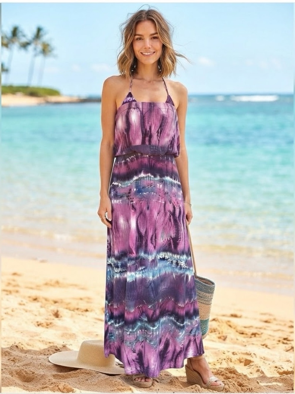 Tie Dyed Look Empire Waist Tube Fit and Flare Maxi Dress